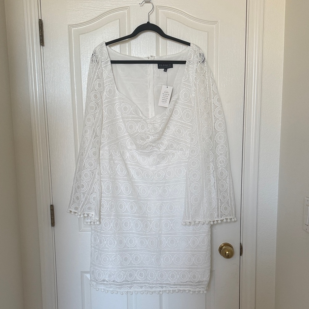 Eloquii White Lace Shift Dress with Pom-Pom Trim